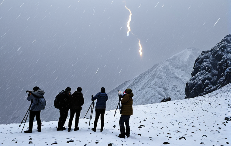 **A group of tourists stranded in a blizzard on Fansipan mountain while trying to observe a meteor shower. Emphasize the harsh weather conditions (heavy snow, strong winds, low visibility) and the tourists' panic.**