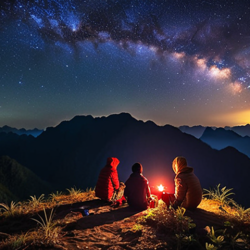 **

Vibrant, dark night sky filled with stars and the Milky Way, taken from a remote mountain peak in Vietnam (e.g., Mau Son or Ta Xua). A small group of people are huddled together, wrapped in warm clothing, looking up at the sky with wonder. A red flashlight casts a gentle glow on the ground.

**