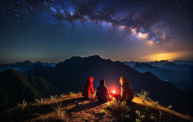 **
Vibrant, dark night sky filled with stars and the Milky Way, taken from a remote mountain peak in Vietnam (e.g., Mau Son or Ta Xua). A small group of people are huddled together, wrapped in warm clothing, looking up at the sky with wonder. A red flashlight casts a gentle glow on the ground.
**
