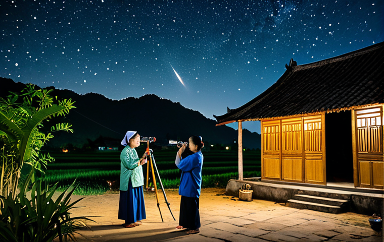 **

"A family-friendly scene depicting a rural Vietnamese village at night, with several people (adults and children) using telescopes to observe the starry sky. Traditional Vietnamese houses are visible in the background, softly lit. The Milky Way is prominently displayed overhead.  People are fully clothed in modest, traditional Vietnamese attire.  safe for work, appropriate content, perfect anatomy, natural proportions, professional photography, high quality"

**