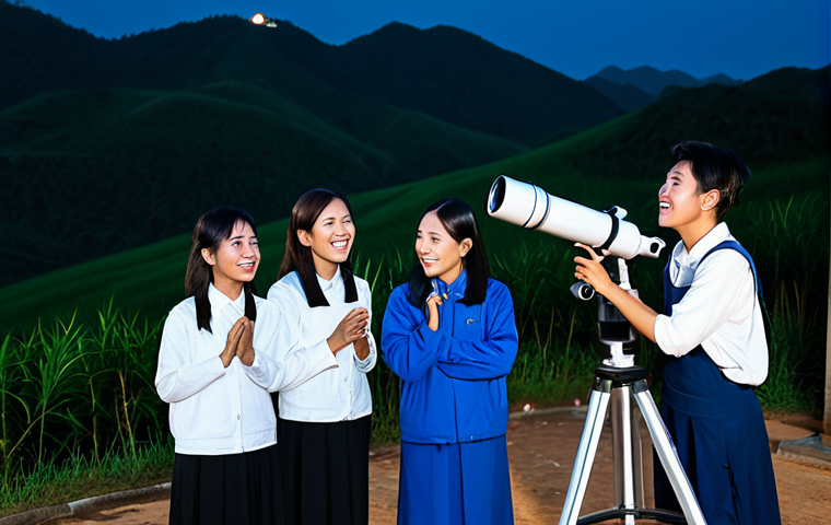 **

"A group of fully clothed Vietnamese students gathered around a telescope on a clear night in Da Lat, Vietnam. They are wearing appropriate attire for the cool mountain air. In the background are rolling hills and the faint glow of distant towns. Focus on the wonder and excitement in their faces as they observe the night sky. Safe for work, appropriate content, family-friendly, professional photography, perfect anatomy, natural pose, well-formed hands, proper finger count, natural body proportions, modest clothing."

**