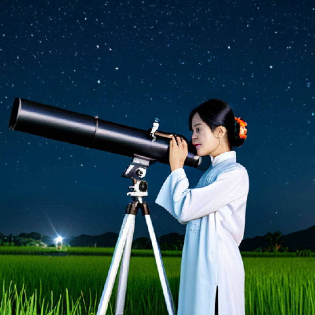 **Prompt:** A Vietnamese astronomer in a traditional Ao Dai, fully clothed, looking through a modern telescope at a clear night sky filled with stars, rice paddies in the background, peaceful rural scene, safe for work, perfect anatomy, natural proportions, professional astronomy photography, high quality, appropriate attire, modest.