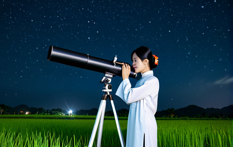 **Prompt:** A Vietnamese astronomer in a traditional Ao Dai, fully clothed, looking through a modern telescope at a clear night sky filled with stars, rice paddies in the background, peaceful rural scene, safe for work, perfect anatomy, natural proportions, professional astronomy photography, high quality, appropriate attire, modest.