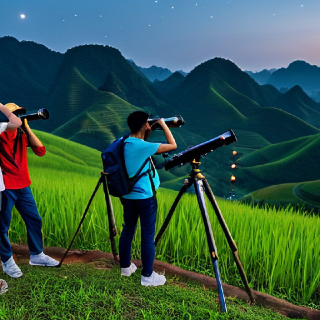 Stargazing in Moc Chau**

"A group of fully clothed tourists using a telescope to observe the night sky in Moc Chau, Vietnam. Rolling hills in the background. The sky is filled with stars. Appropriate attire, safe for work, perfect anatomy, correct proportions, natural pose, high-quality photography, professional, modest, family-friendly."

**