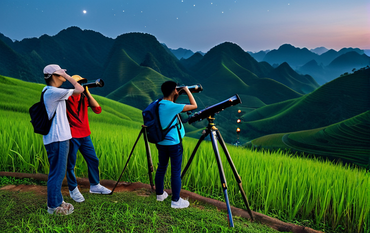 Stargazing in Moc Chau**

"A group of fully clothed tourists using a telescope to observe the night sky in Moc Chau, Vietnam. Rolling hills in the background. The sky is filled with stars. Appropriate attire, safe for work, perfect anatomy, correct proportions, natural pose, high-quality photography, professional, modest, family-friendly."

**