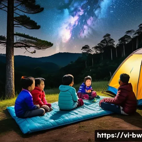 가족과 함께하는 천문 관광 프로그램 - A peaceful family stargazing scene in Da Lat, Vietnam, featuring parents and children dressed warmly...