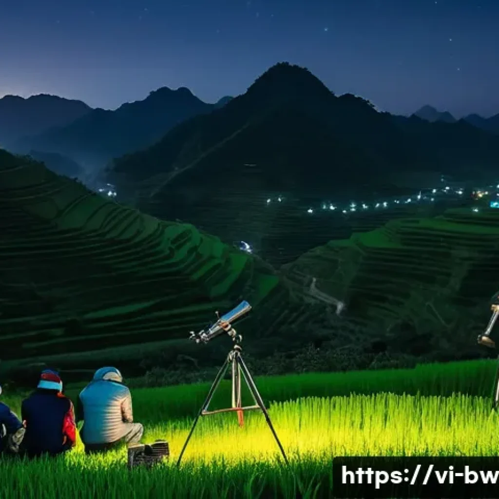 천문 관광의 안전 수칙 - A peaceful nighttime astronomy observation scene in a Vietnamese countryside setting, featuring a sm...