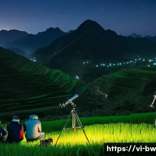 천문 관광의 안전 수칙 - A peaceful nighttime astronomy observation scene in a Vietnamese countryside setting, featuring a sm...