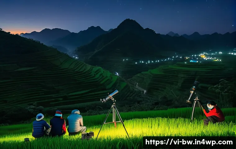 천문 관광의 안전 수칙 - A peaceful nighttime astronomy observation scene in a Vietnamese countryside setting, featuring a sm...