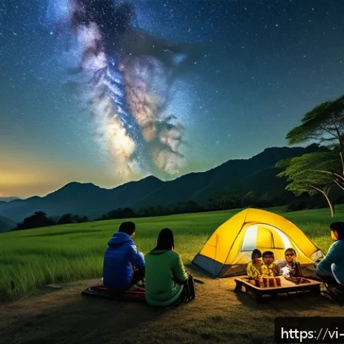 천문 관광을 위한 야외 시설 구축 - A serene outdoor astronomy picnic scene in the Central Highlands of Vietnam during a clear night, fe...