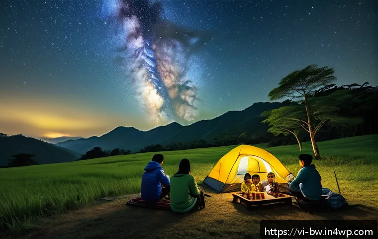 천문 관광을 위한 야외 시설 구축 - A serene outdoor astronomy picnic scene in the Central Highlands of Vietnam during a clear night, fe...