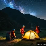 Home 21 천문 관광의 비용 및 예산 관리 - A serene mountain landscape at night in Vietnam’s Central Highlands, featuring a small group of youn...