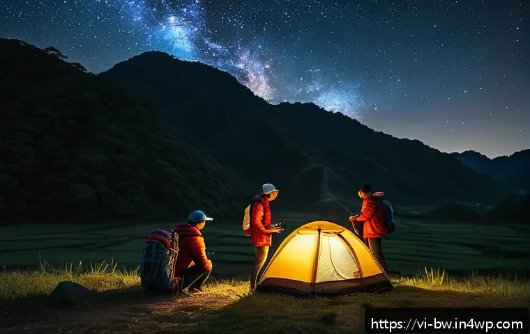 천문 관광의 비용 및 예산 관리 - A serene mountain landscape at night in Vietnam’s Central Highlands, featuring a small group of youn...