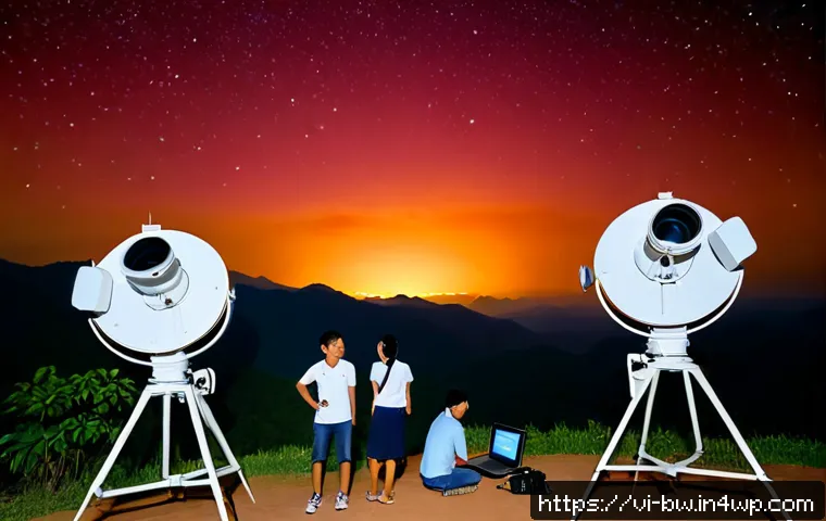 Home 17 다양한 천문 관측 기법 비교 - Photorealistic comparison scene of three Vietnamese amateur astronomers at a quiet rural observatory...
